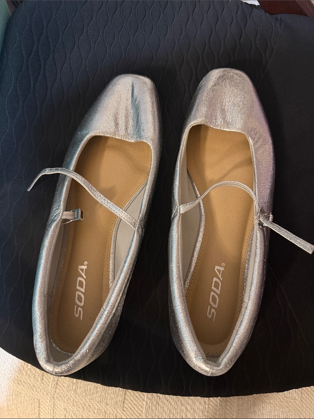 Soda Metallic Silver Mary Jane Flats with Slim Strap
